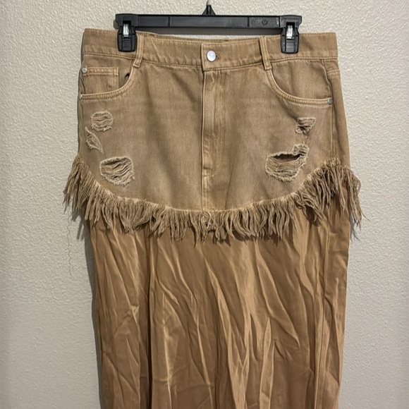 Pilcro Twofer Slip Midi Tan A-Line Skirt with Fringe - Picture 4 of 7